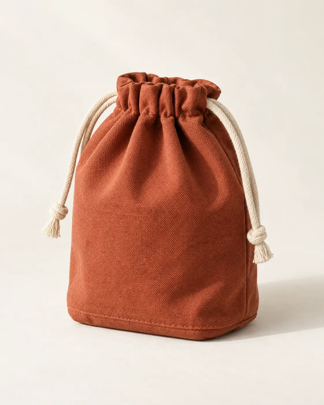 Pochette Cordage brique fermée par deux cordons écrus, sur fond clair